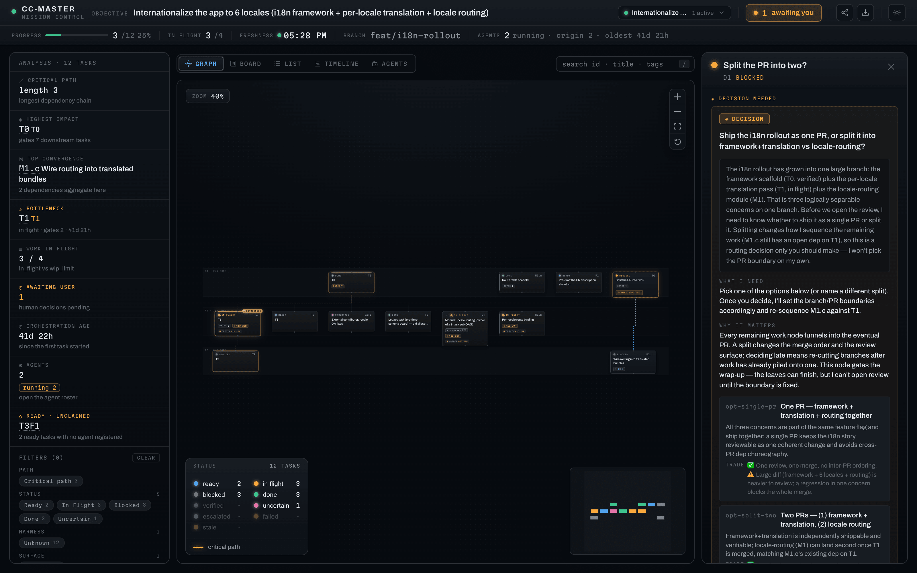 a decision card in the ccm web-viewer: question, context, options and tradeoffs